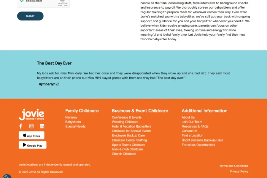 Jovie nannies and sitters website footer with social media links and services
